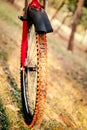 Close up of a Bicycle front wheel.