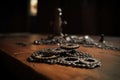 close-up of bicycle gears and chain on table