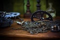 close-up of bicycle gears and chain on table