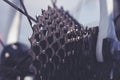 Close-up of bicycle gears. Rear mountain bike wheel detail Royalty Free Stock Photo