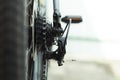 bicycle rear derailleurs. Sprocket cassette with chain, shifter and disk brake. Bike repair and maintenance work. Royalty Free Stock Photo