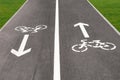 Close-up, bicycle sign, cycle path at a pedestrian crossing in the city.