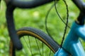 Close-up, bicycle tire. Wheel maintenance, selective focus Royalty Free Stock Photo