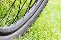 Close up of bicycle wheel on green grass Royalty Free Stock Photo