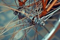 Close-up bicycle wheel from a unique angle, showcasing the spokes and patterns Royalty Free Stock Photo