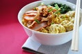 Close up Big Bowl of Wanton Mee Grilled Pork Royalty Free Stock Photo