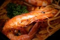 Close up of big prawn seafood Spaghetti Royalty Free Stock Photo