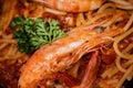 Close up of big prawn seafood Spaghetti Royalty Free Stock Photo