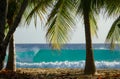 CLOSE UP: Big turquoise colored barrel wave reaches the tropical sandy beach