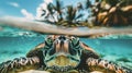 Close-up of a big turtle swim underwater with beach palm trees on the background Royalty Free Stock Photo