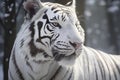 Close up of a big white tiger head. Bleached tiger of India in a snowy forest and winter background Royalty Free Stock Photo