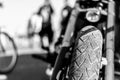 Close up of bike rear wheel. Selective focus. Black and white. Royalty Free Stock Photo