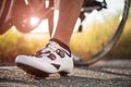 Close up bike shoes ready for cycling outdoors. Sports and outdoor activities concept