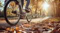 Close up of a biker riding a bike through the forest road Royalty Free Stock Photo