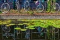 Close-up of bikes with reflection on a canal in the Delft city