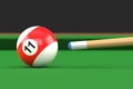 Close-up of billiard ball number eleven in red and white color on billiard table Royalty Free Stock Photo