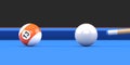 Close-up of billiard ball number thirteen in orange and white color on billiard table