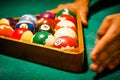 Close up of billiard table with balls in entertainment club Royalty Free Stock Photo