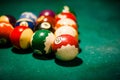 Close up of billiard table with balls in entertainment club Royalty Free Stock Photo