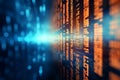 Close up of binary code on digital screen with orange and blue gradient background and bokeh effect
