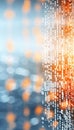 Close up of binary code on light blue background with orange and white color scheme and bokeh effect