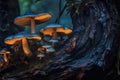 close-up of bioluminescent fungi on tree bark