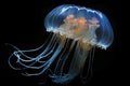 close-up of a bioluminescent jellyfish against the dark ocean depths