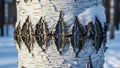 Close-up of birch bark texture with graphic pattern and fresh snow in winter forest with soft light Royalty Free Stock Photo