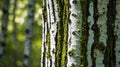 Close-up of Aspen Tree Trunks with Moss Growing on the Bark in Forest Royalty Free Stock Photo