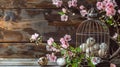 Close up of bird cage with eggs and flowers