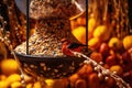 close-up of a bird feeder overflowing with seeds