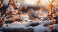 Close up of a Bird standing in the tree, sunset light and colors, surrounded with melting snow and spring flowers, blooming season Royalty Free Stock Photo