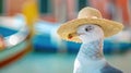 A close up of a bird wearing a hat, close-up portrait of a seagull bird traveller in front of canal with boats