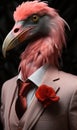 A close up of a bird wearing a suit and tie. Generative AI image. Royalty Free Stock Photo