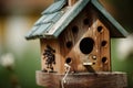 close-up of birdhouse with fresh seed and water feeders visible Royalty Free Stock Photo