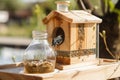 close-up of birdhouse with fresh seed and water feeders visible Royalty Free Stock Photo