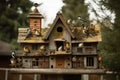 close-up of birdhouse with a variety of birds feeding and roosting