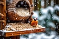 close-up of birdseed in a snowy wooden feeder