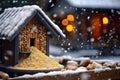 close-up of birdseed in a snowy wooden feeder