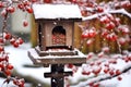 close-up of birdseed in a snowy wooden feeder