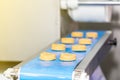 Close up biscuit food on automatic conveyor machine in production line for high technology industrial manufacturing