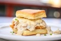 a close-up of a biscuit sandwich with gravy as the filling