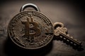 close-up of bitcoin coin, with key details in focus