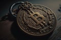 close-up of bitcoin coin, with key details in focus