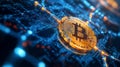 A close-up of a Bitcoin coin surrounded by a digital network background, symbolizing cryptocurrency and blockchain technology