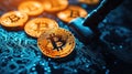 Close-up of Bitcoin coins on a digital circuit board with a hammer, representing cryptocurrency and blockchain technology