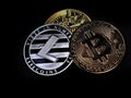 Close up bitcoin and litecoin isolated Royalty Free Stock Photo