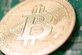 Close up of Bitcoin money mining connect Internet Network Royalty Free Stock Photo