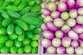 Close-up bitter melon and purple Asian eggplants at local market stand in Little India, Singapore Royalty Free Stock Photo