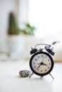 Close-up of black alarm clock with lavender flower, on bokeh background Royalty Free Stock Photo